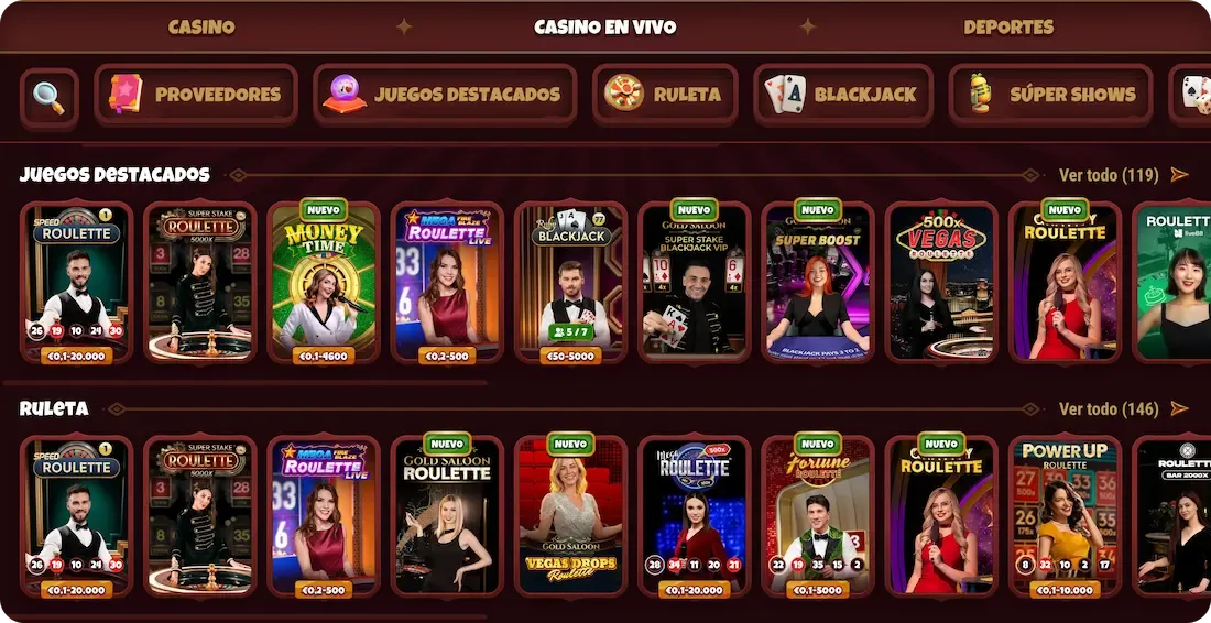 juegos en vivo del casino majestico